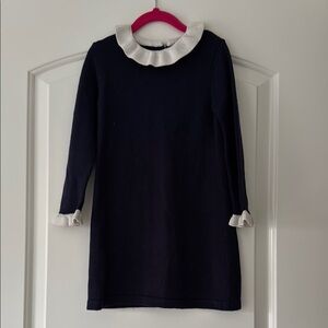 Jacadi Paris Navy Blue Sweater Dress with White Ruffle Collar and Cuffs - Size 4